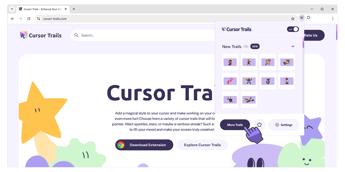 Ventana emergente de Cursor Trails con el botón Más cursores resaltado