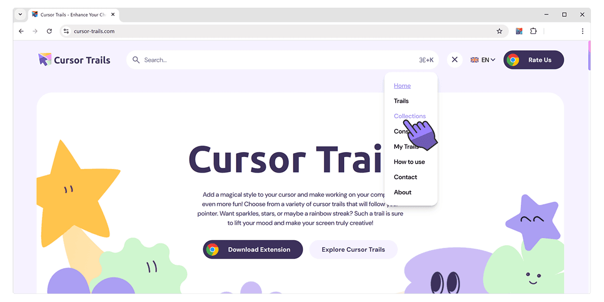 Página de colecciones en el sitio Cursor Trails con el botón AÑADIR TODO