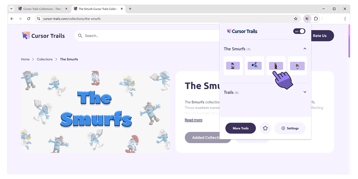 Ventana emergente de Cursor Trails mostrando colecciones y paquetes recién añadidos