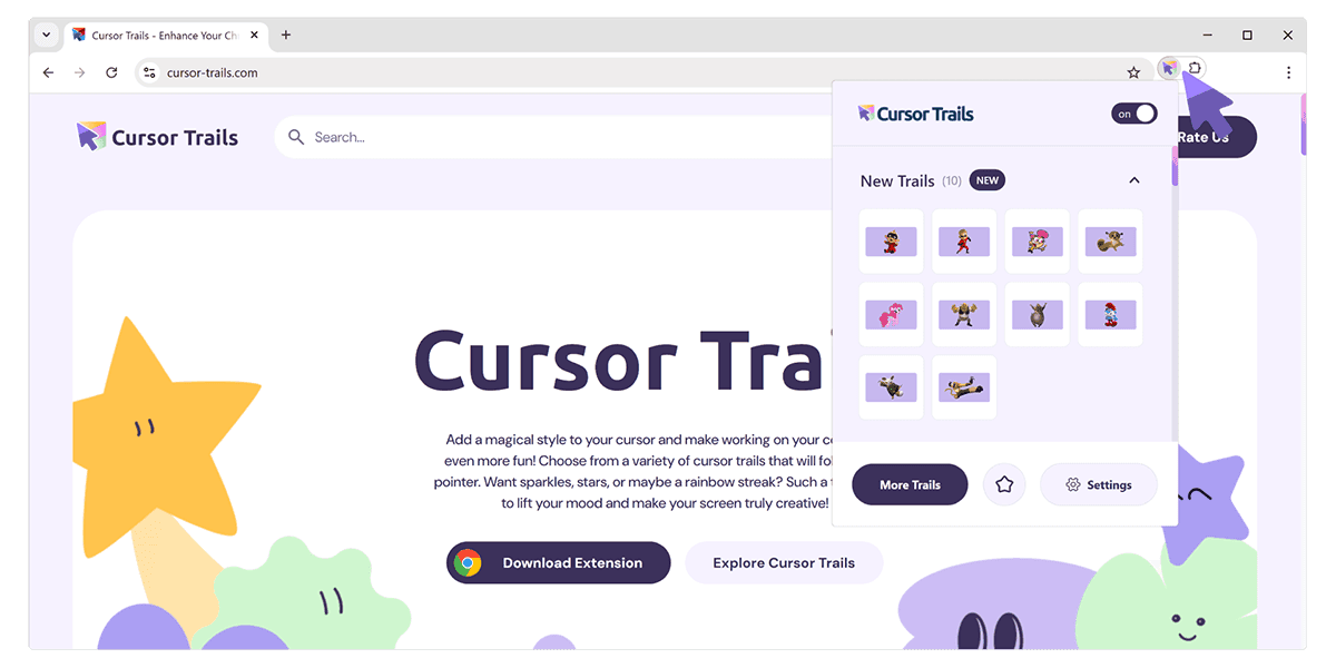 Icono de Cursor Trails en la barra de Chrome y la ventana emergente abierta
