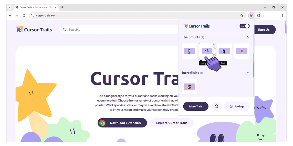 Ventana emergente de Cursor Trails con lista de paquetes de cursores