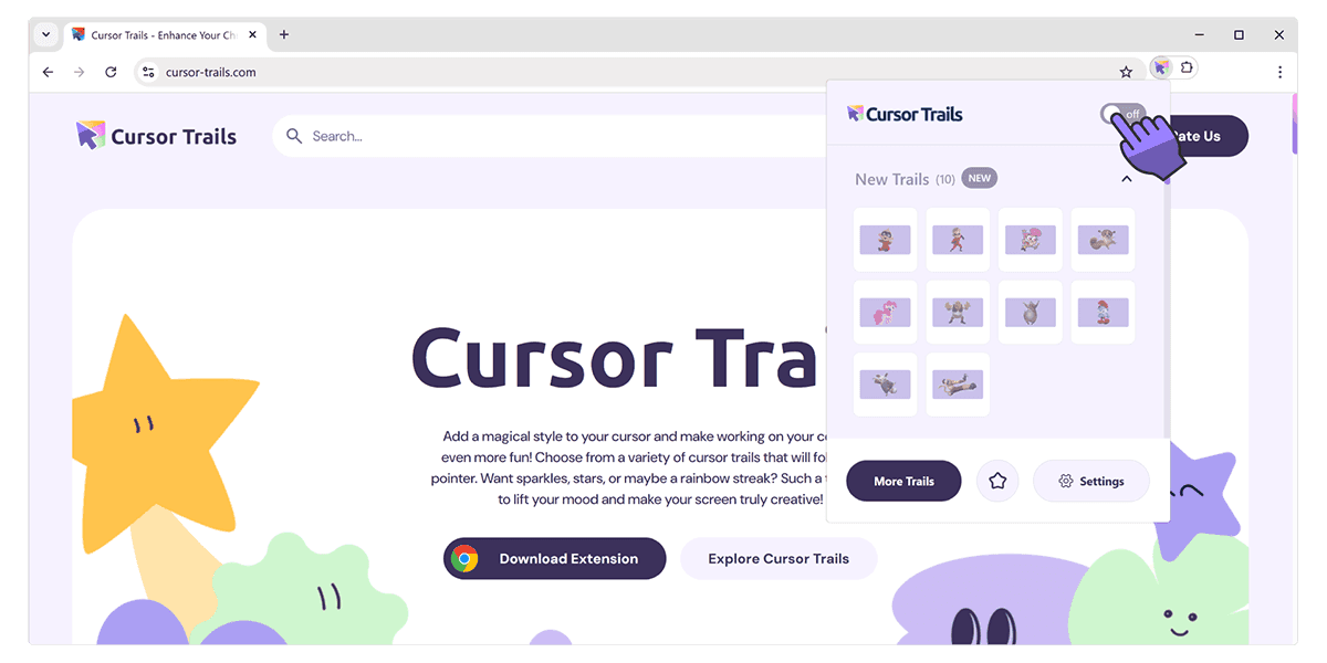 Ventana emergente de Cursor Trails con el interruptor de desactivación arriba a la derecha
