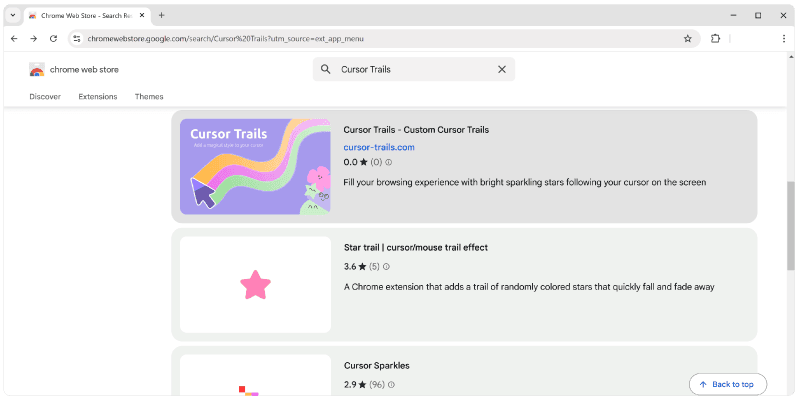 Tarjeta de la extensión Cursor Trails en los resultados de búsqueda