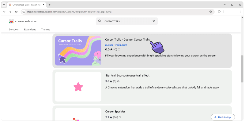 Página de detalles de la extensión Cursor Trails en Chrome Web Store
