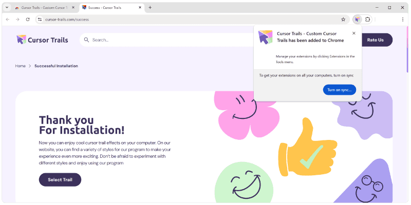 Confirmación de Chrome de que la extensión Cursor Trails está instalada