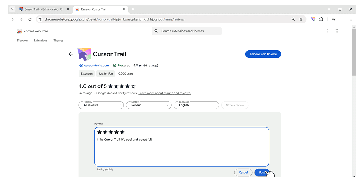 Форма відгуку про розширення Cursor Trails у Chrome Web Store