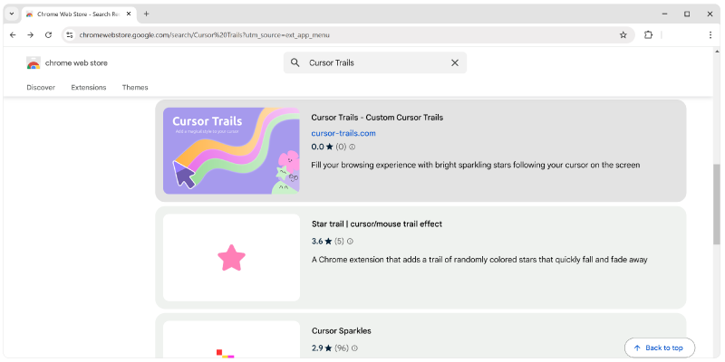 4. Find the «Cursor Trails» extension in the search results.