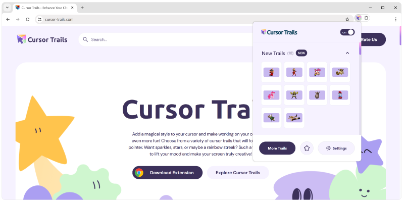 8. Reload the page or open a new tab to start using the new features of «Cursor Trails».